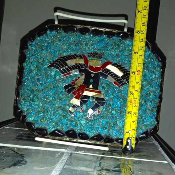 RARE Navajo Begay Knifewing Silver Turquoise ApacheTears Pearl Belt Buckle Art - Picture 4 of 8